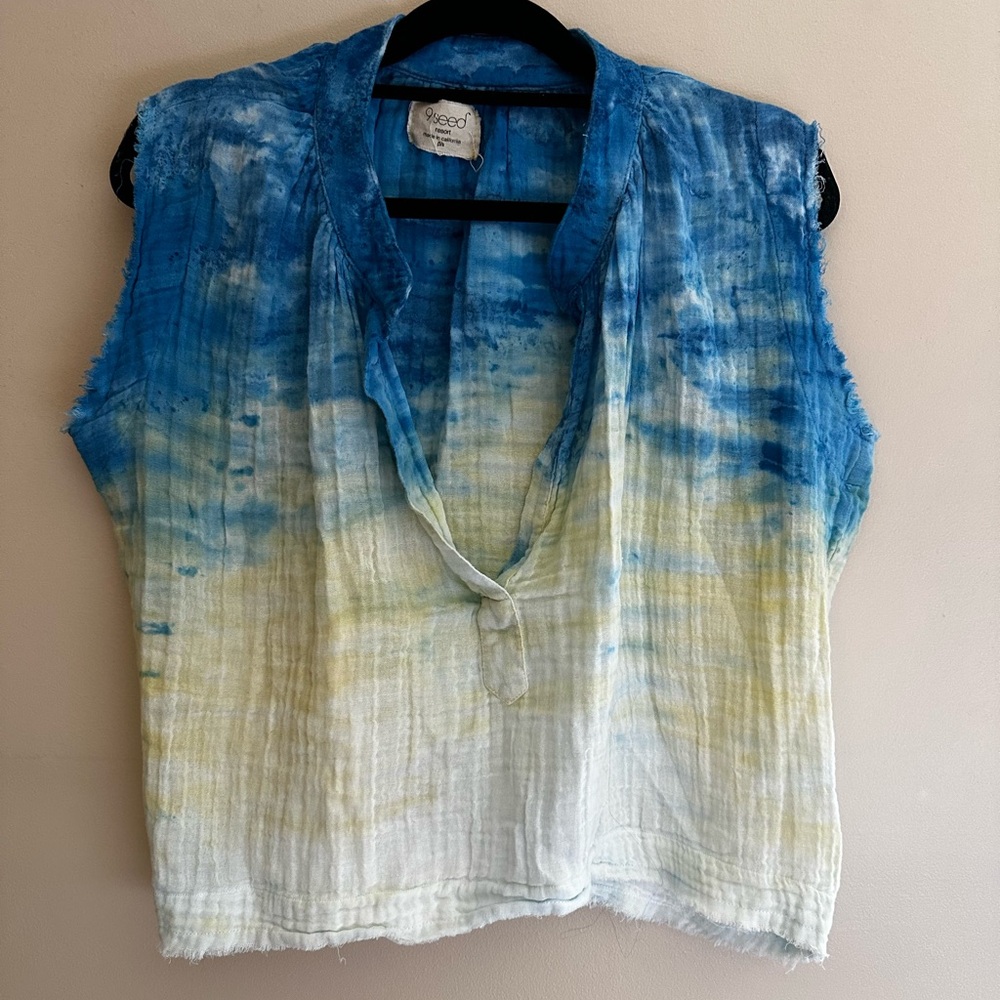Women's Blue and Yellow Tie-Dye Top